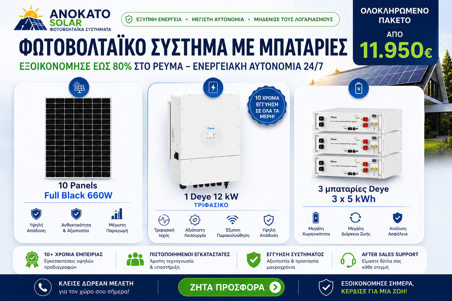 Φωτοβολταϊκό σύστημα 12kW με μπαταρίες Deye 15kWh και πάνελ 660W για ενεργειακή αυτονομία