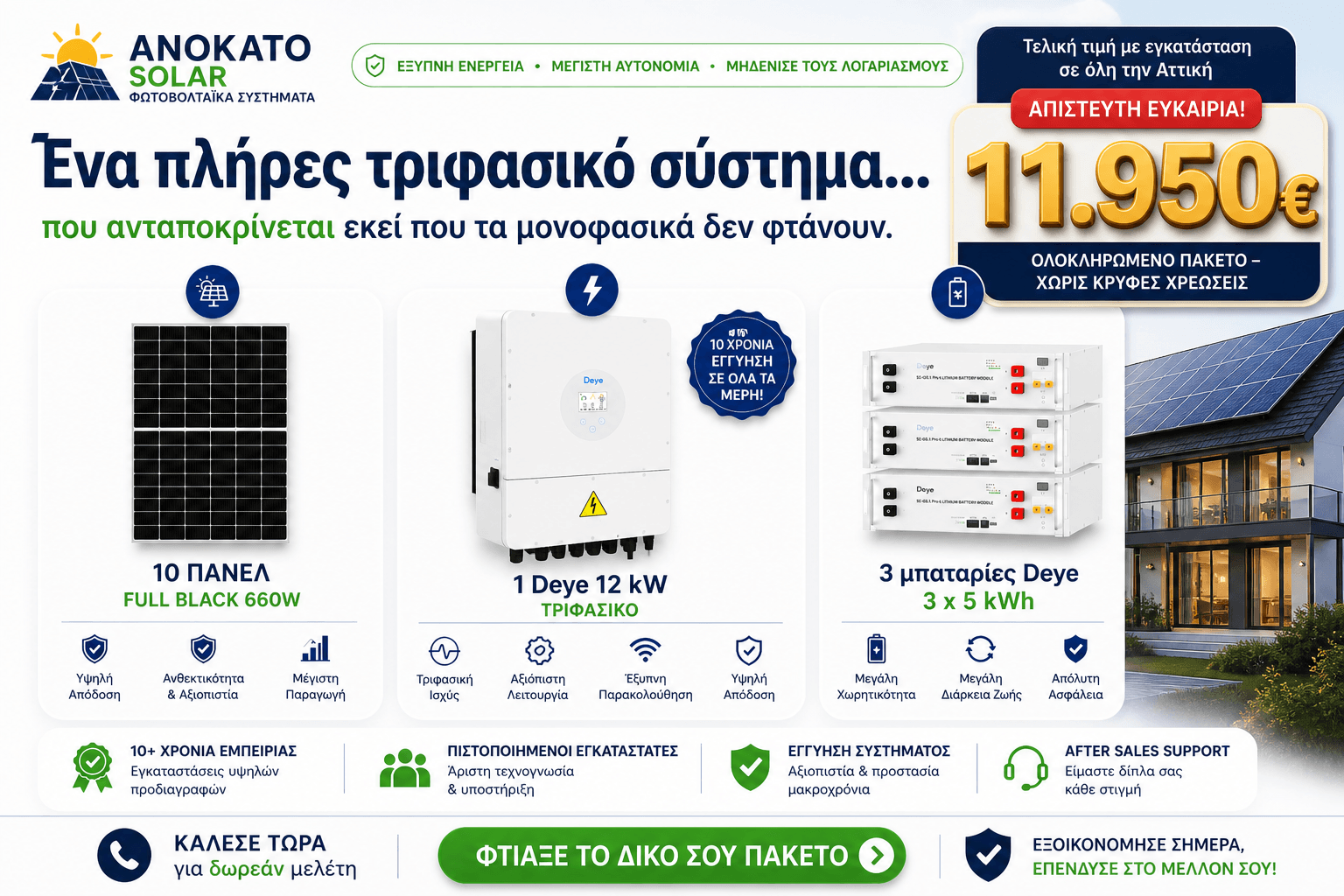 Φωτοβολταϊκό σύστημα 12kW με μπαταρίες Deye 15kWh και πάνελ 660W για ενεργειακή αυτονομία