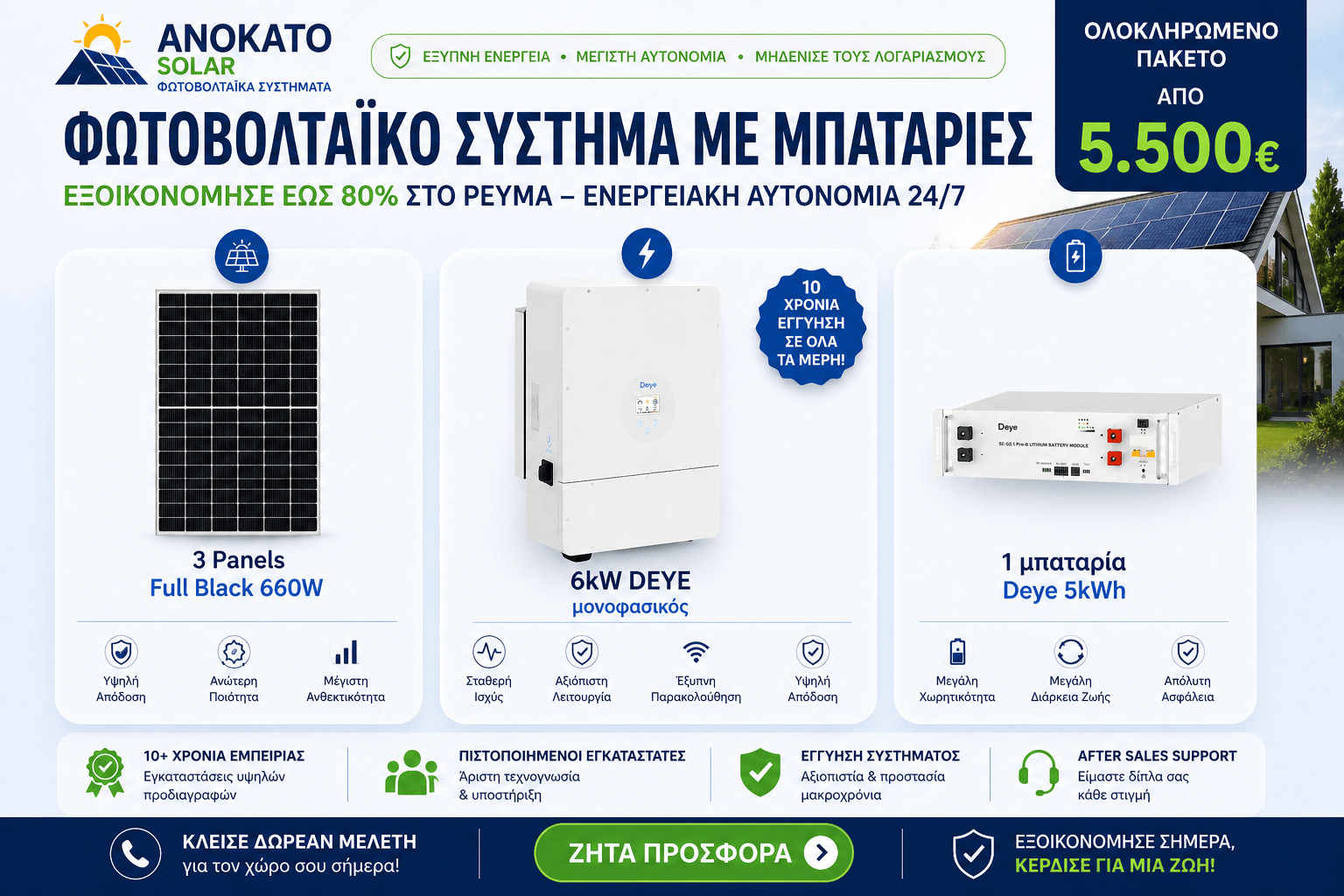 Φωτοβολταϊκό σύστημα 6kW με μπαταρία Deye 5kWh και πάνελ 660W για κατοικία