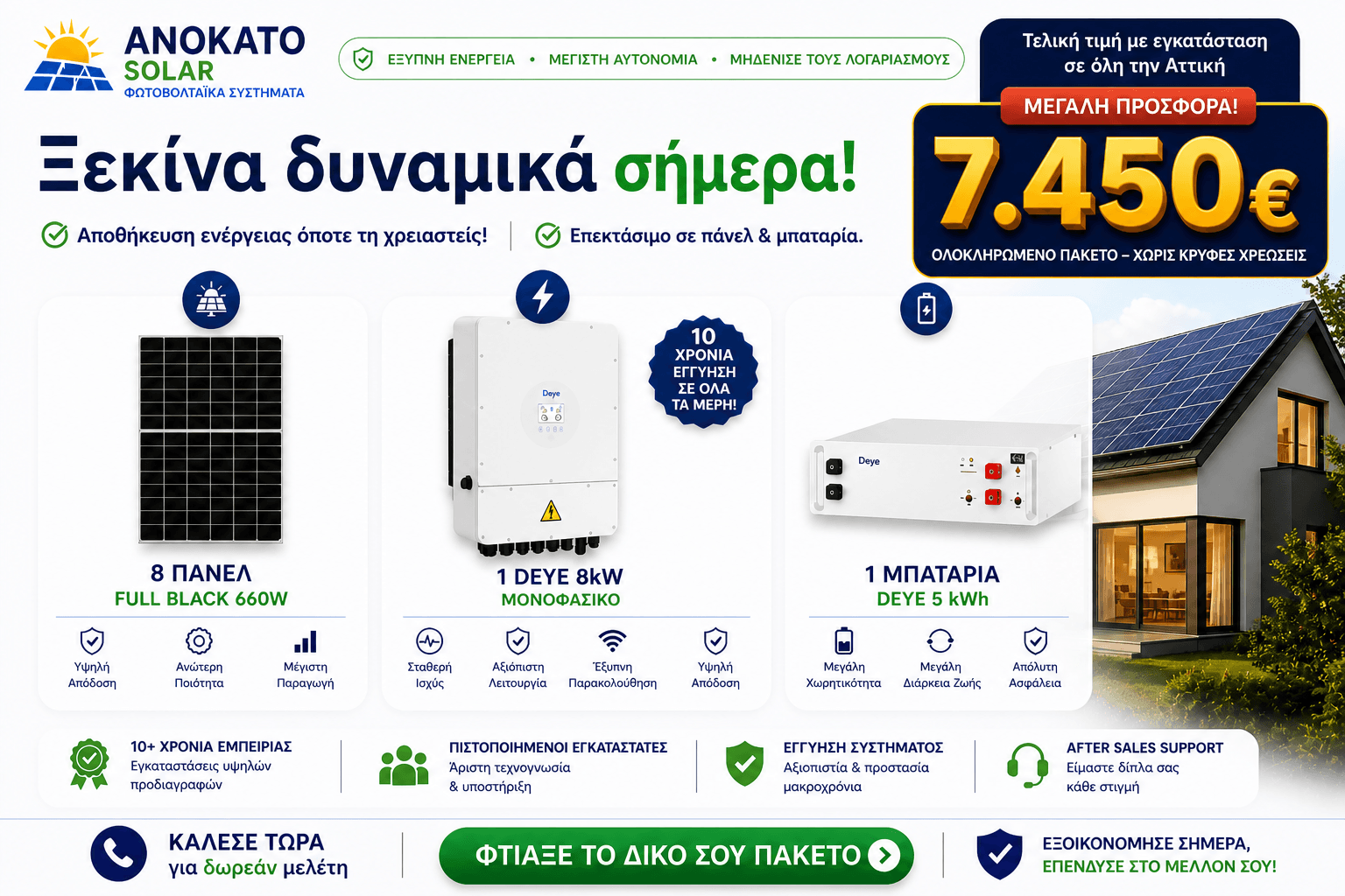 Φωτοβολταϊκό σύστημα 8kW με μπαταρία Deye 5kWh και πάνελ 660W Full Black