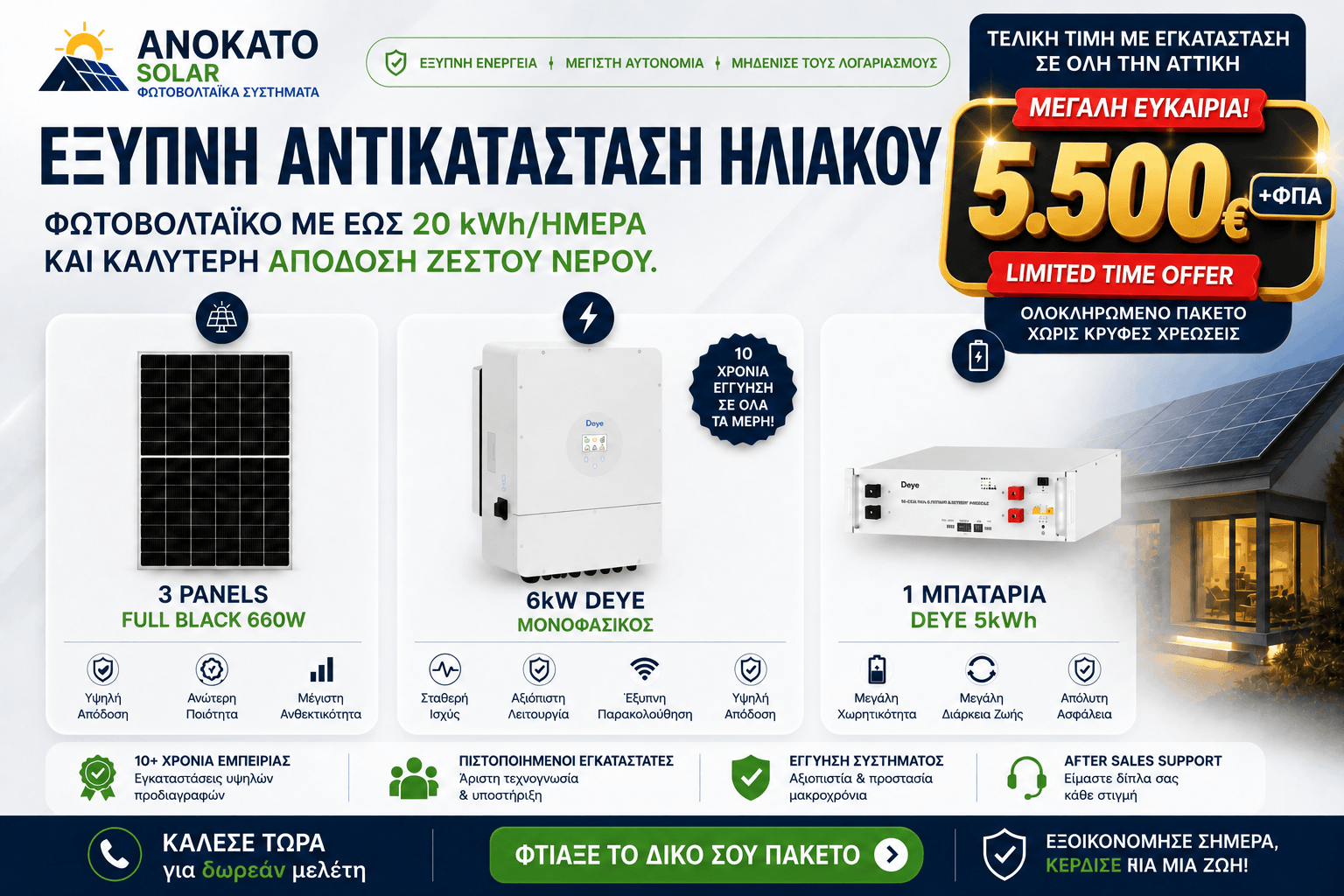 Φωτοβολταϊκό σύστημα 6kW με μπαταρία Deye 5kWh και πάνελ 660W για κατοικία