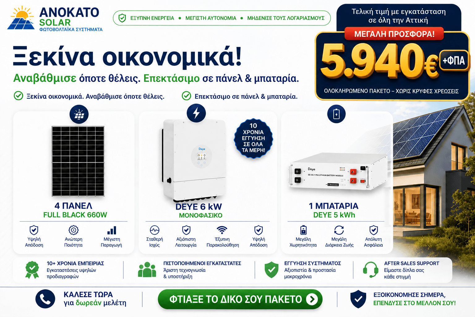 Ολοκληρωμένο φωτοβολταϊκό σύστημα 6kW με μπαταρία Deye 5kWh και πάνελ υψηλής απόδοσης 660W. Ιδανικό για κατοικίες που επιθυμούν εξοικονόμηση ενέργειας και ενεργειακή αυτονομία.